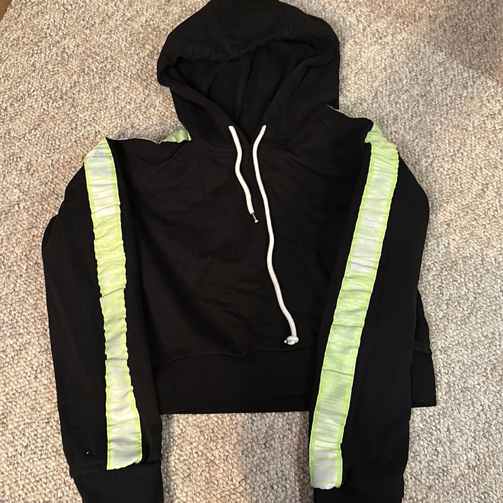 Bright neon lime stripe side strip black cropped hoodie